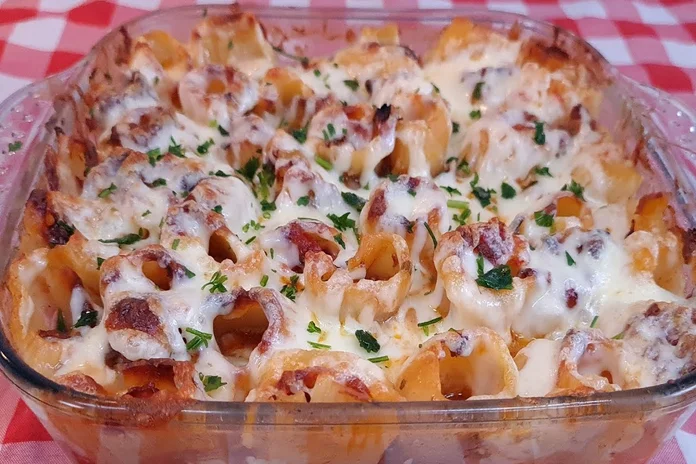 macarrão rigatoni recheado ao forno com molho bolonhesa
